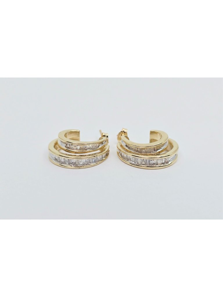 Unique 14k Solid Yellow Gold Half Hoop Crescent Baguette Diamond Stud Earrings